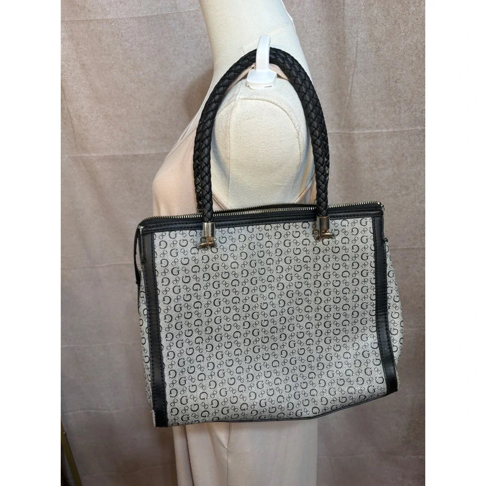 Guess Monogram Satchel Bag Grey Black Logo Print Braided Handle Purse‎